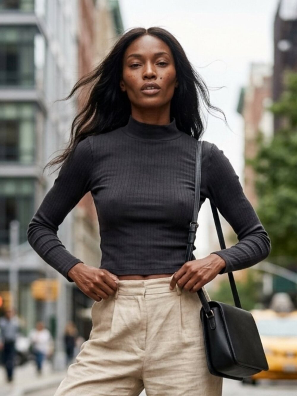 AMERICAN APPAREL Black Ribbed Mock Neck Long Sleeve Crop Top Sz S